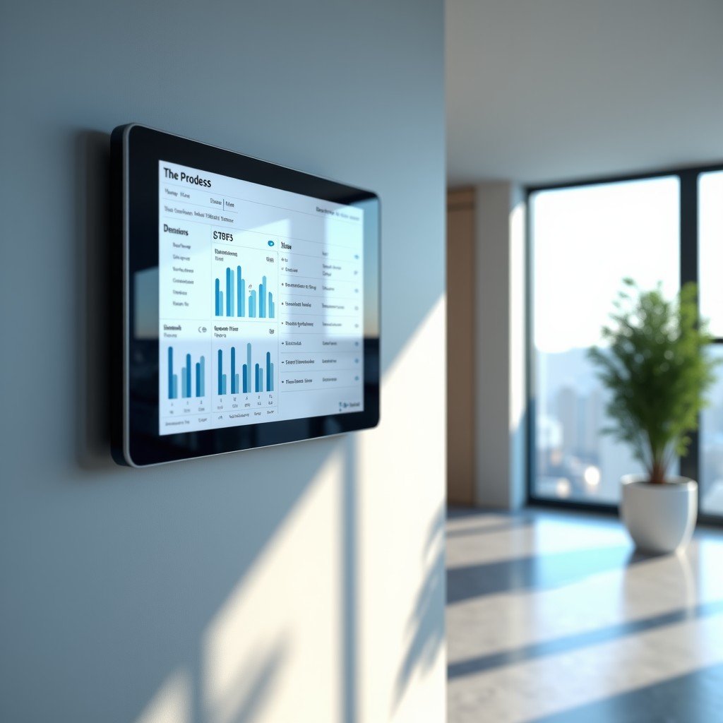 A high-end office reception area with a minimalist design. A wall-mounted sleek tablet shows a dashboard for access control. The environment is clean, bright, and emphasizes future technology. 4:3