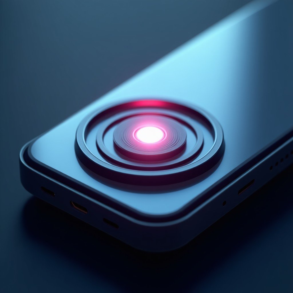 Futuristic smartphone camera module with advanced multi-layered lenses, light rays focusing into a sensor, high-end product photography style, no text, 4:3