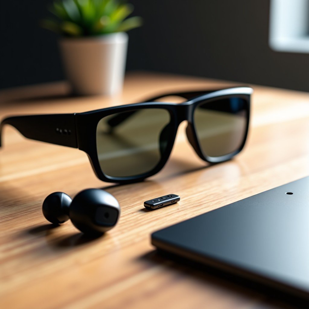 A sleek collection of futuristic AI wearables including smart glasses with subtle camera lenses, a minimalist tech pin, and advanced earbuds on a premium wooden desk. Professional lifestyle photography, soft natural lighting, high-end tech aesthetic. 4:3