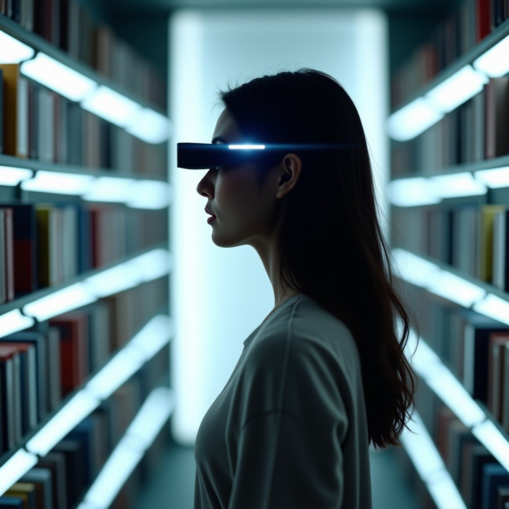 A Korean woman wearing sleek, minimalist smart glasses while walking through a futuristic library. Digital information tags are subtly floating in her field of vision as she looks at book spines. Cinematic lighting, soft depth of field. 4:3
