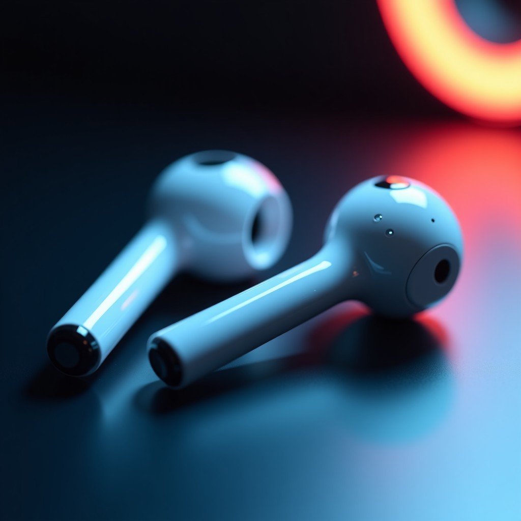 Close-up of futuristic sleek white earbuds with a tiny subtle infrared camera lens embedded, cinematic lighting, tech lifestyle aesthetic, 1:1