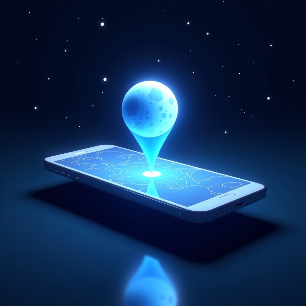 A conceptual digital screen of a smartphone showing a futuristic lunar map with a blue location dot, floating in a dark space background with stars, 4:3