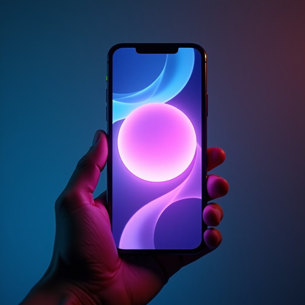 A modern smartphone screen displaying a vibrant and glowing digital assistant sphere with flowing waves of purple, blue, and pink light. The device is held by a hand in a clean, minimalist setting. High-tech and futuristic atmosphere. 4:3