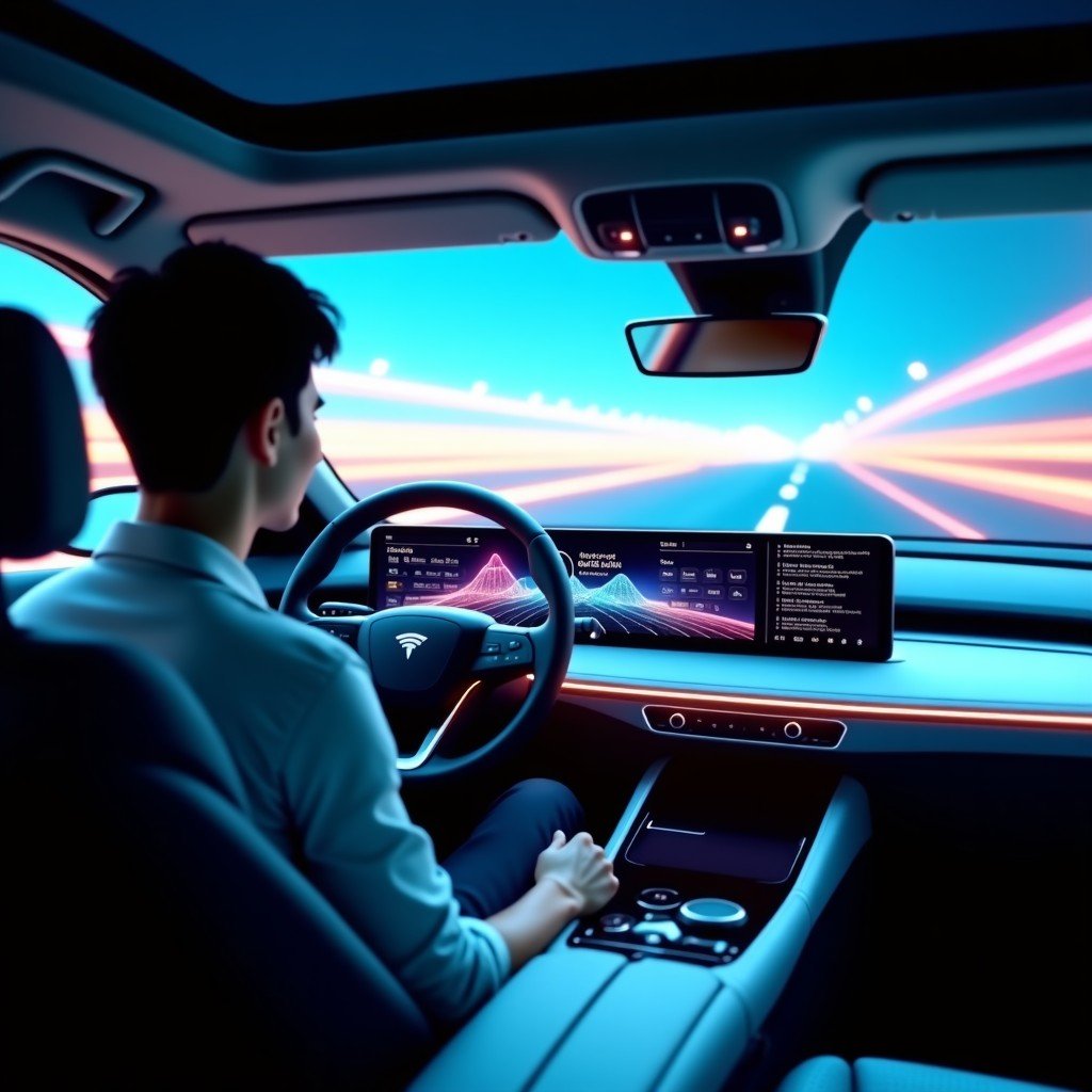 A high-tech modern car interior with a large dashboard screen displaying a sophisticated AI interface with colorful wave patterns. A Korean male driver is smiling and talking towards the dashboard. The lighting is bright and cinematic, showing a clean and luxurious car cabin. Cinematic lighting, 4k resolution, hyper-realistic. 1:1