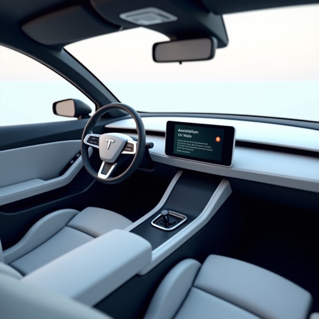 Futuristic car cockpit with a minimalist design, a subtle holographic display showing assistant status, soft ambient lighting, clean lines, professional 3D render, 4:3