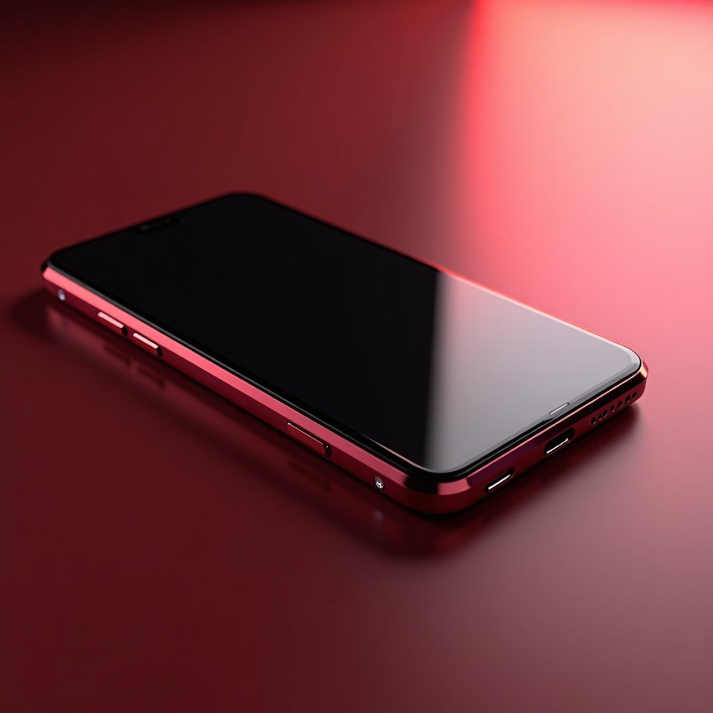 A futuristic foldable smartphone with a seamless OLED screen, metallic deep red finish, elegant and thin design, professional studio product photography, blurred tech background, 1:1
