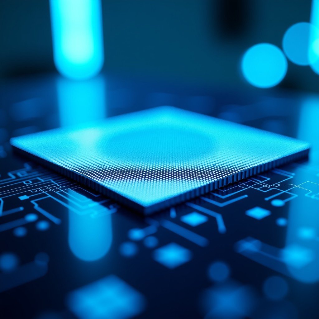 Close up of a highly detailed silicon wafer with circuit patterns, clean room environment, blue and white lighting, professional photography, 4:3