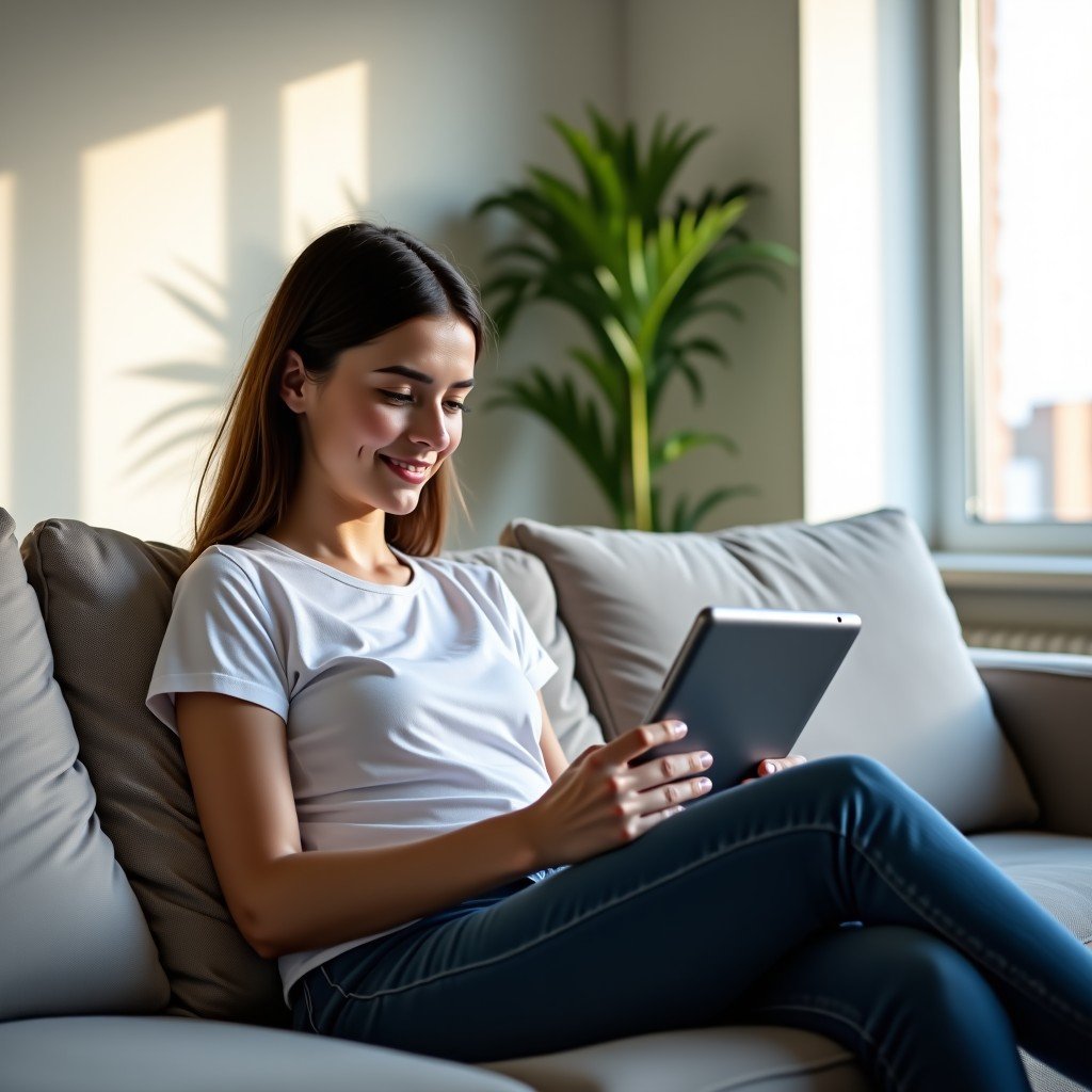 A person sitting on a comfortable sofa in a bright modern living room, holding and using a sleek silver tablet device, minimalist interior design, soft natural lighting, high-quality lifestyle photography. 4:3