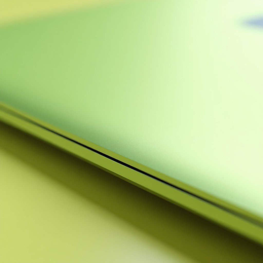 Close-up shot of a light green and light yellow aluminum laptop chassis showing smooth texture and metallic finish, bright natural lighting, 4:3