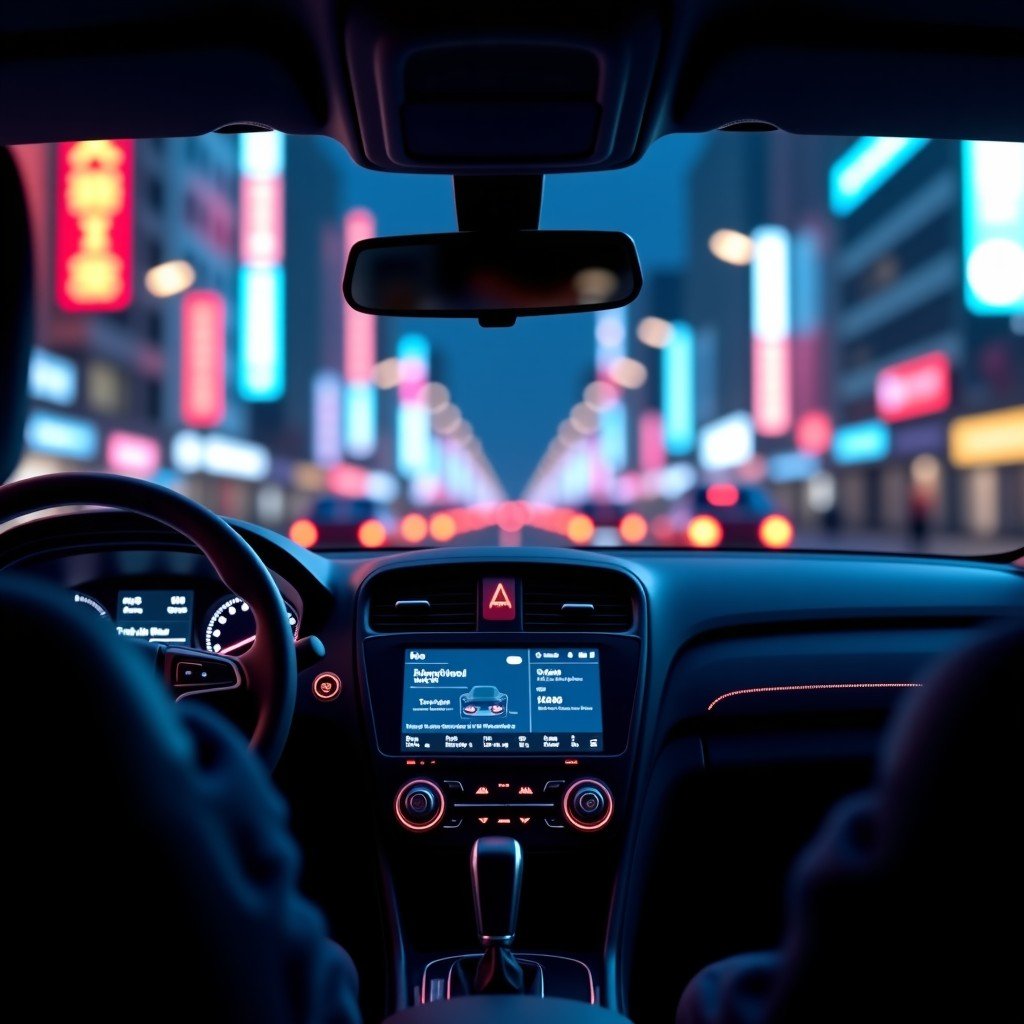 A night-time view of a car interior driving through a neon-lit city. The dashboard screen is illuminated with a modern AI assistant interface showing information about nearby landmarks. The cabin is filled with soft ambient light. Moody and cinematic lighting, high detail, 8k. 4:3