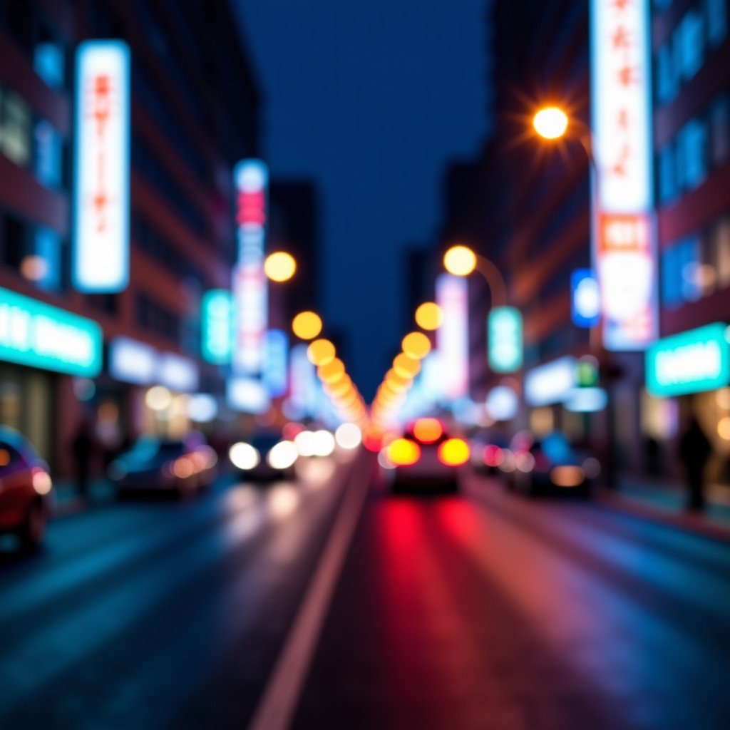 Night city street with neon lights, captured through a smartphone screen, high detail, sharp focus, low noise, realistic urban atmosphere, 4:3