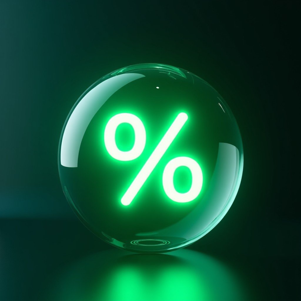A glowing green battery percentage icon inside a transparent glass sphere, representing high energy efficiency and optimized power, high tech laboratory background, 4:3