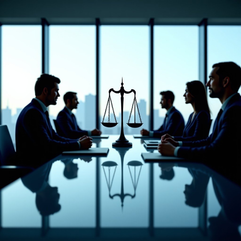 A professional business meeting in a modern skyscraper office with a view of a city, a scale of justice appearing as a hologram in the center of the table, 4:3