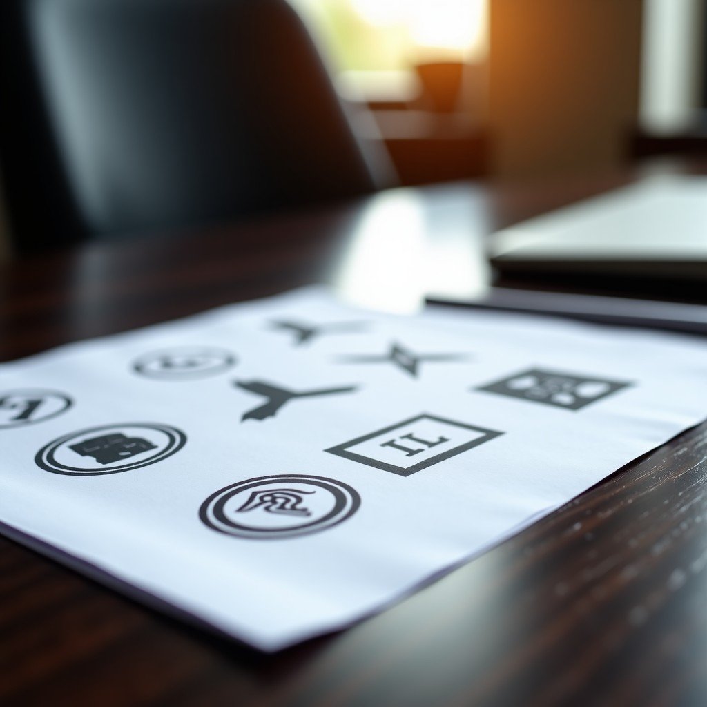 Legal documents and trademark symbols on a dark wooden office table, professional atmosphere, shallow depth of field, 4:3