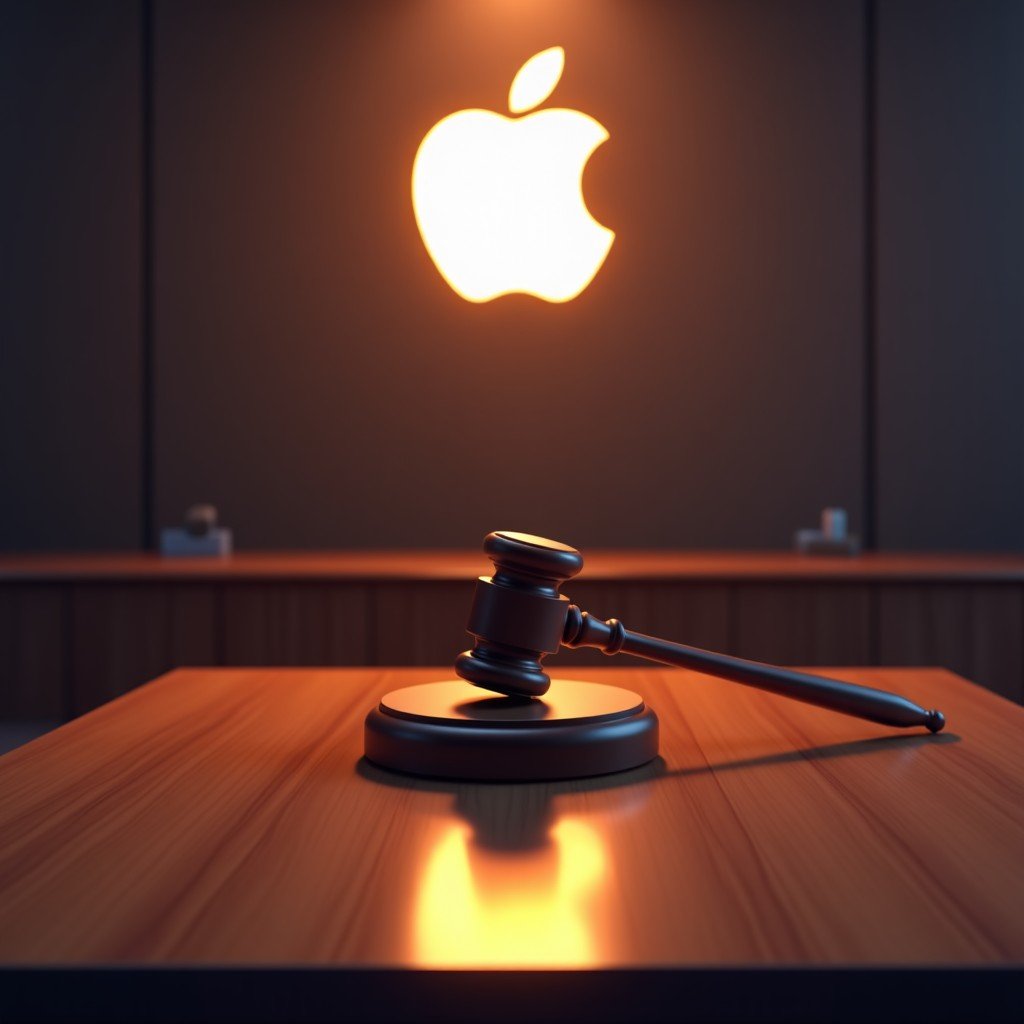 A high-quality digital illustration of a modern courtroom setting, a sleek Apple logo subtly reflected on a polished table, a wooden gavel in the foreground, cinematic lighting, professional atmosphere, no text, 4:3