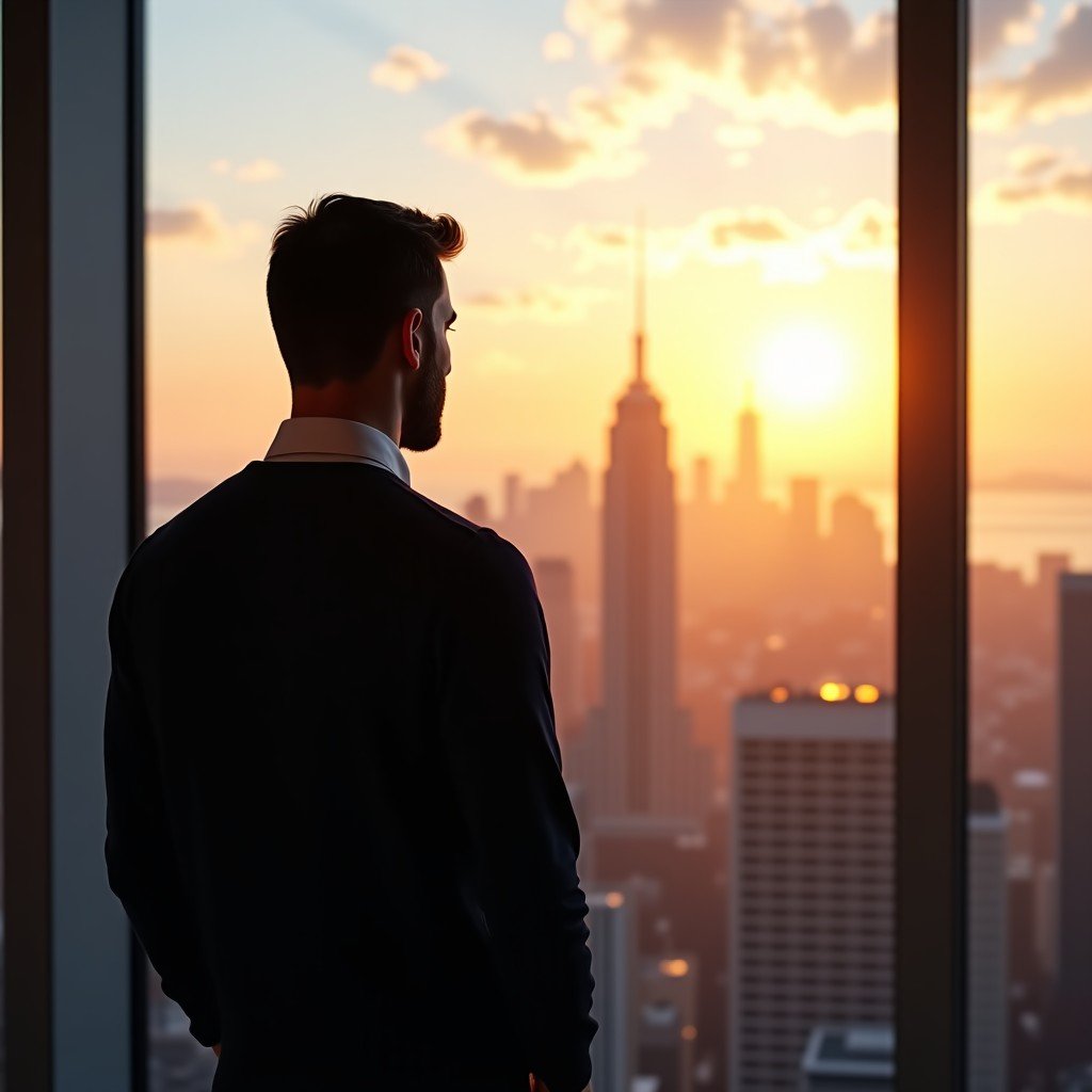 A professional man in a dark sweater standing in front of a large glass window overlooking a futuristic city at sunrise. The lighting is warm and hopeful. He is looking out at the horizon, symbolizing a transition in leadership. 4:3 aspect ratio, no text.