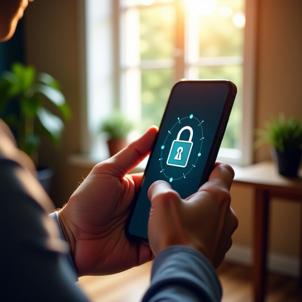 A person using a smartphone with a security authentication screen, warm natural lighting in a home office setting, lifestyle photography, 4:3