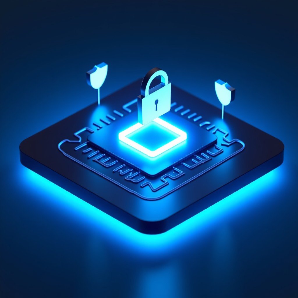 An abstract 3D visualization of a secure computer chip glowing with blue light, representing the Secure Enclave inside a Mac. Shield icons and digital lock symbols surround the chip to indicate high-level hardware security and encryption. 4:3
