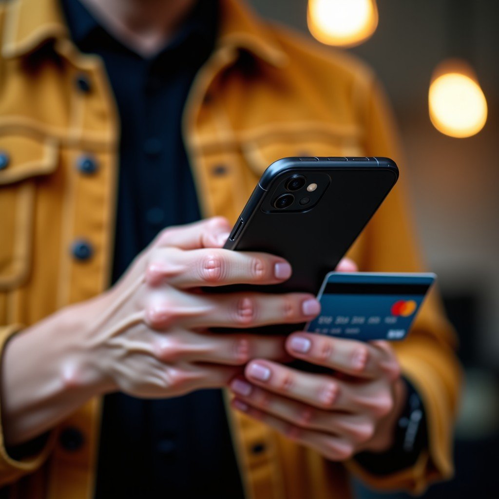 Close up of a persons hands holding a sleek smartphone with a stylized credit card blurred in the background, warm interior lighting, 4:3