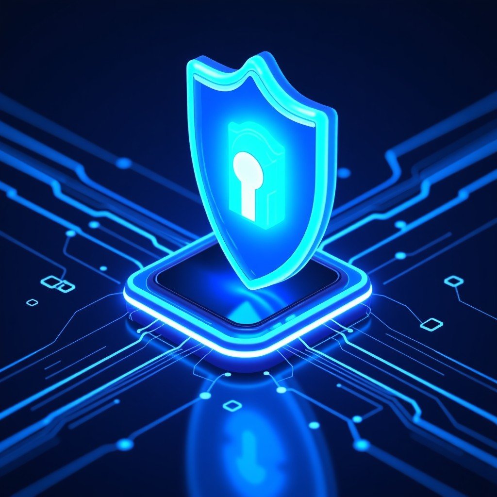 A conceptual digital illustration showing a shield protecting a streaming device with glowing blue data lines representing speed and security. High-tech aesthetic, vibrant colors, 4:3