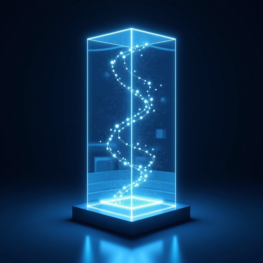 Abstract representation of secure data processing, glowing neural network patterns inside a sleek glass structure, dark blue and silver tones, privacy focus, 1:1