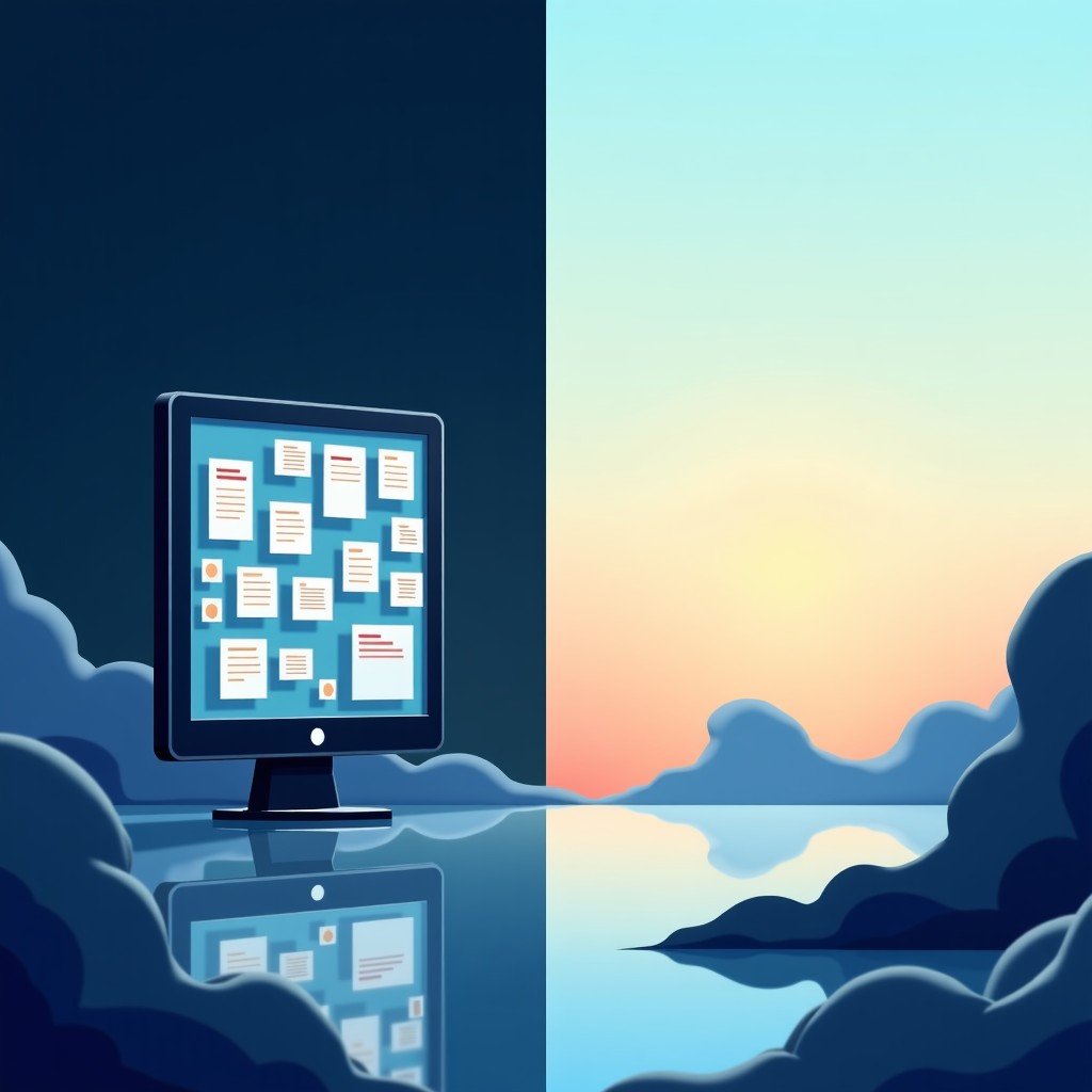 A split composition showing a cluttered digital screen with intrusive pop-up ads on one side and a serene, empty minimalist digital landscape on the other side, symbolizing the difference between ad-supported and ad-free AI. 1:1