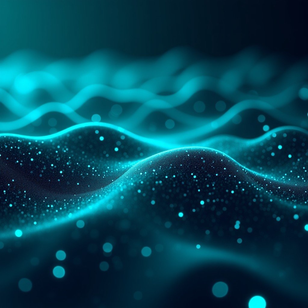 A digital landscape showing complex binary codes being organized and cleaned by glowing light beams, representing software optimization and code cleanup, deep blue and teal tones, 4:3