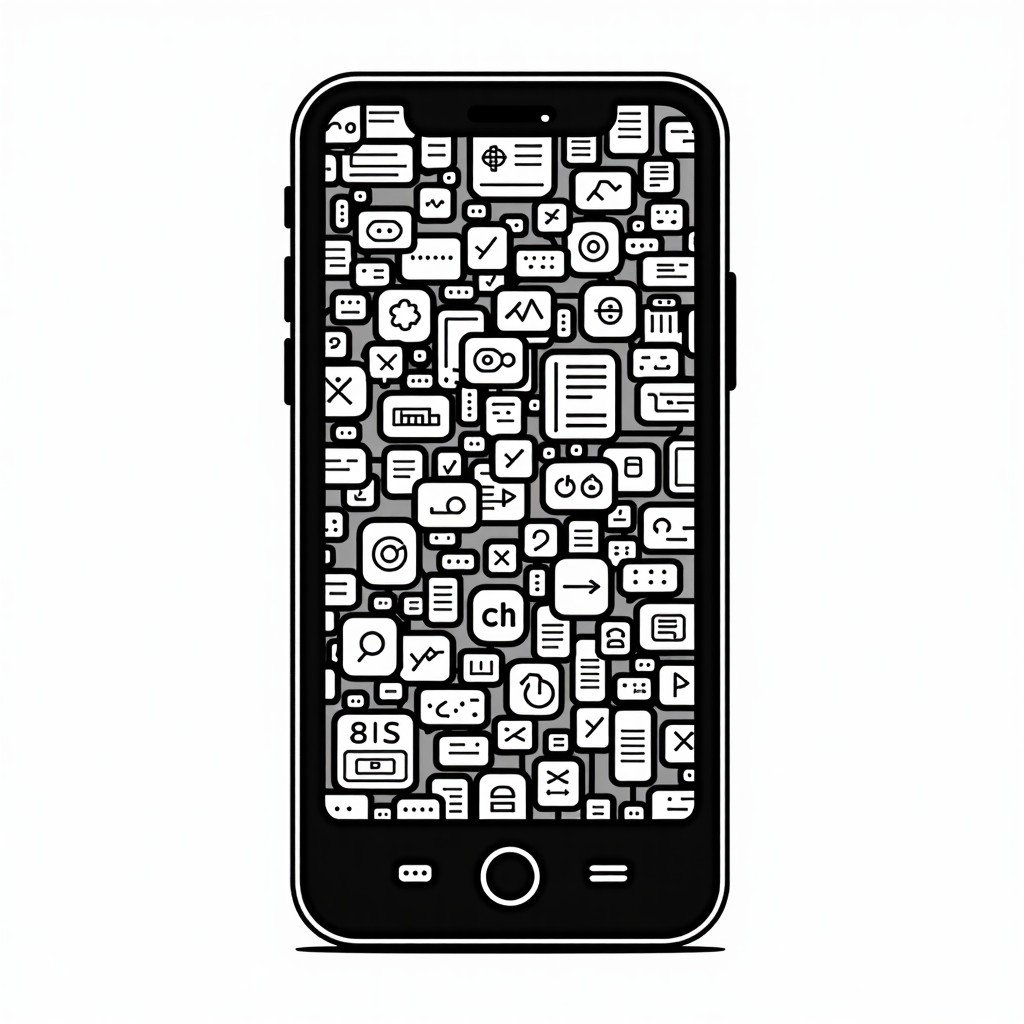 A digital illustration showing a cluttered smartphone screen with various advertisements and complex menu icons in high contrast. 1:1