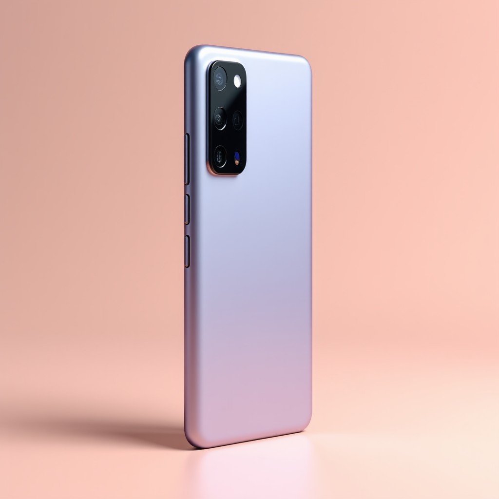 Side view of a sleek modern smartphone in soft pastel colors, smooth matte finish, professional product photography on a neutral background, high resolution, 4:3