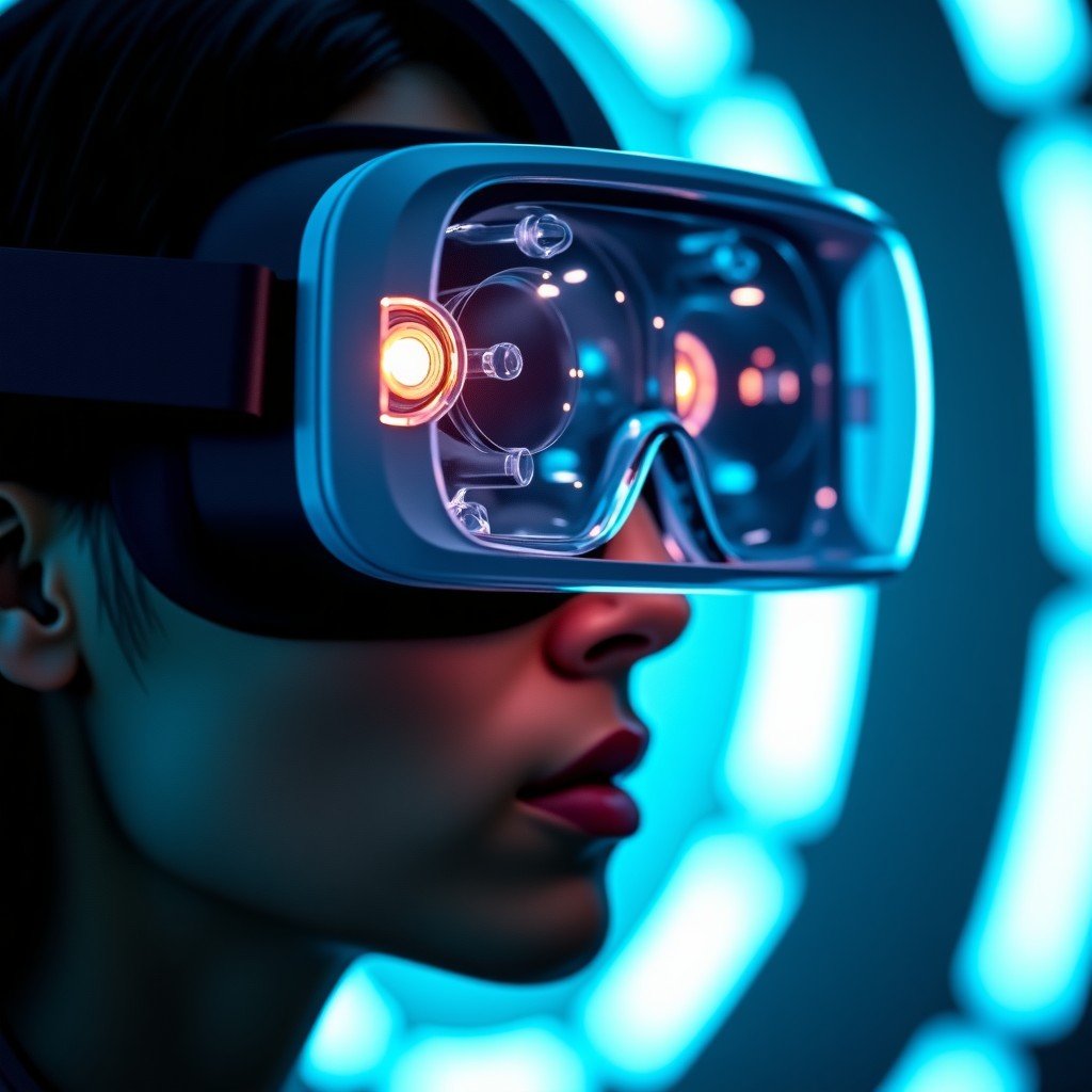 Close-up of a high-tech augmented reality headset with glowing internal optical components, detailed lens structure, cinematic lighting, no text, 4:3