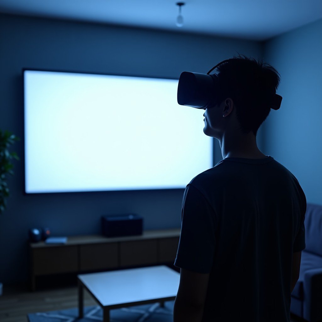 A person wearing a Vision Pro headset in a living room at night. The surrounding environment is dimly lit while a bright virtual cinema screen is floating in front of them. Realistic style with cinematic lighting. 4:3