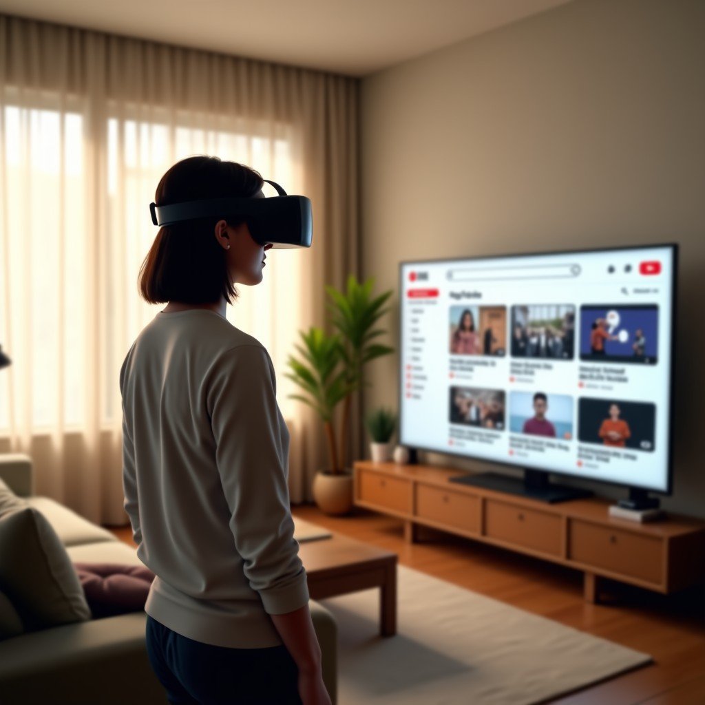 A realistic lifestyle photography of a Korean person wearing Apple Vision Pro headset in a minimalist modern living room. A large semi-transparent floating YouTube interface is visible in front of them with high-quality video thumbnails. Natural lighting, warm atmosphere. 4:3