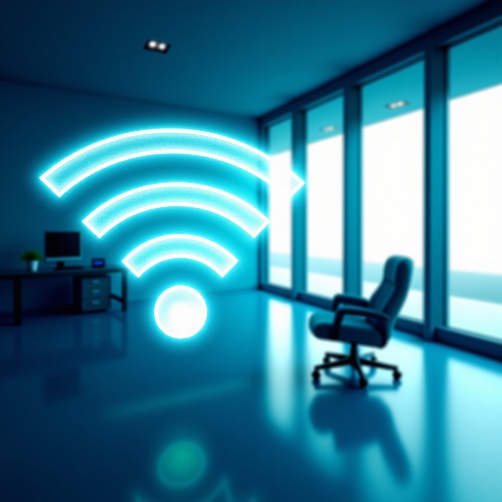 Conceptual illustration of high-speed Wi-Fi 7 signals spreading through a modern smart home office, abstract waves of light in cyan and white, 4:3