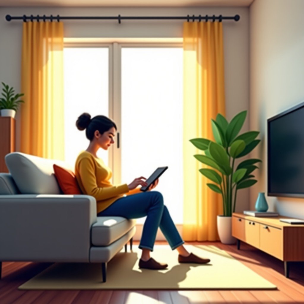 A bright and clean modern living room interior. A person is comfortably sitting on a sofa using a tablet to control the room temperature and lighting. Sunny day, soft shadows, realistic interior design, 4:3.