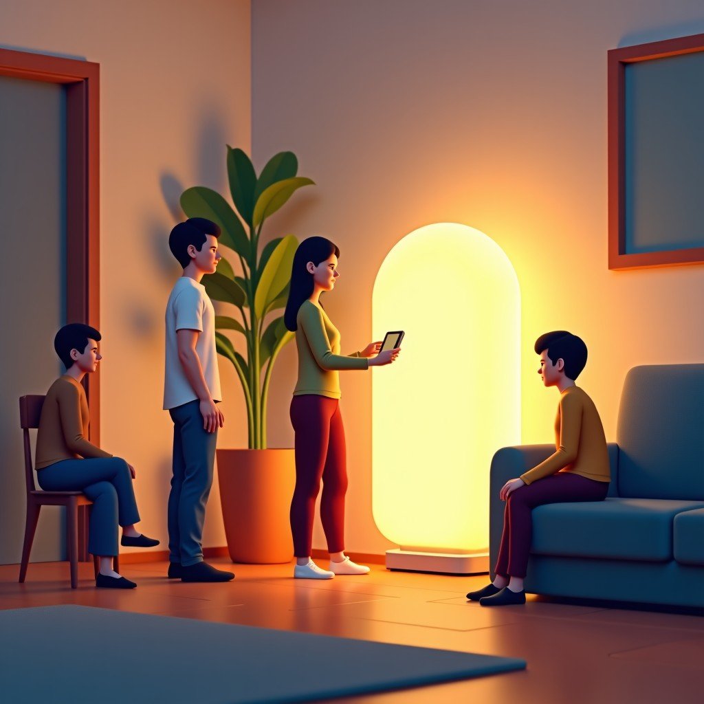 A conceptual illustration of AI technology as a gentle glowing presence in a family home, interacting with people naturally, artistic and textured background, warm color palette, 4:3
