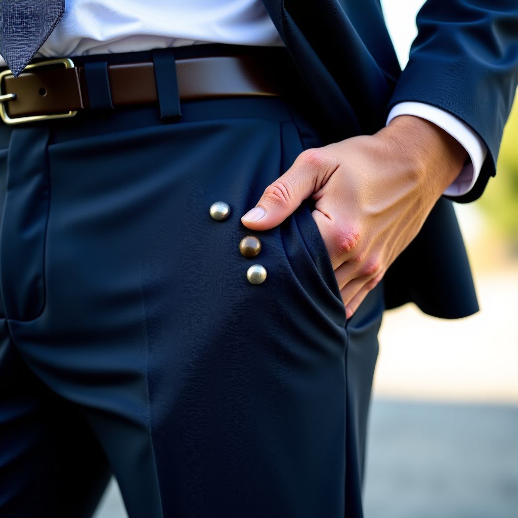 Close up of a person putting a small smooth metallic pebble-like object into a pocket of professional trousers, high-end fashion style, detailed texture, natural outdoor light, 4:3