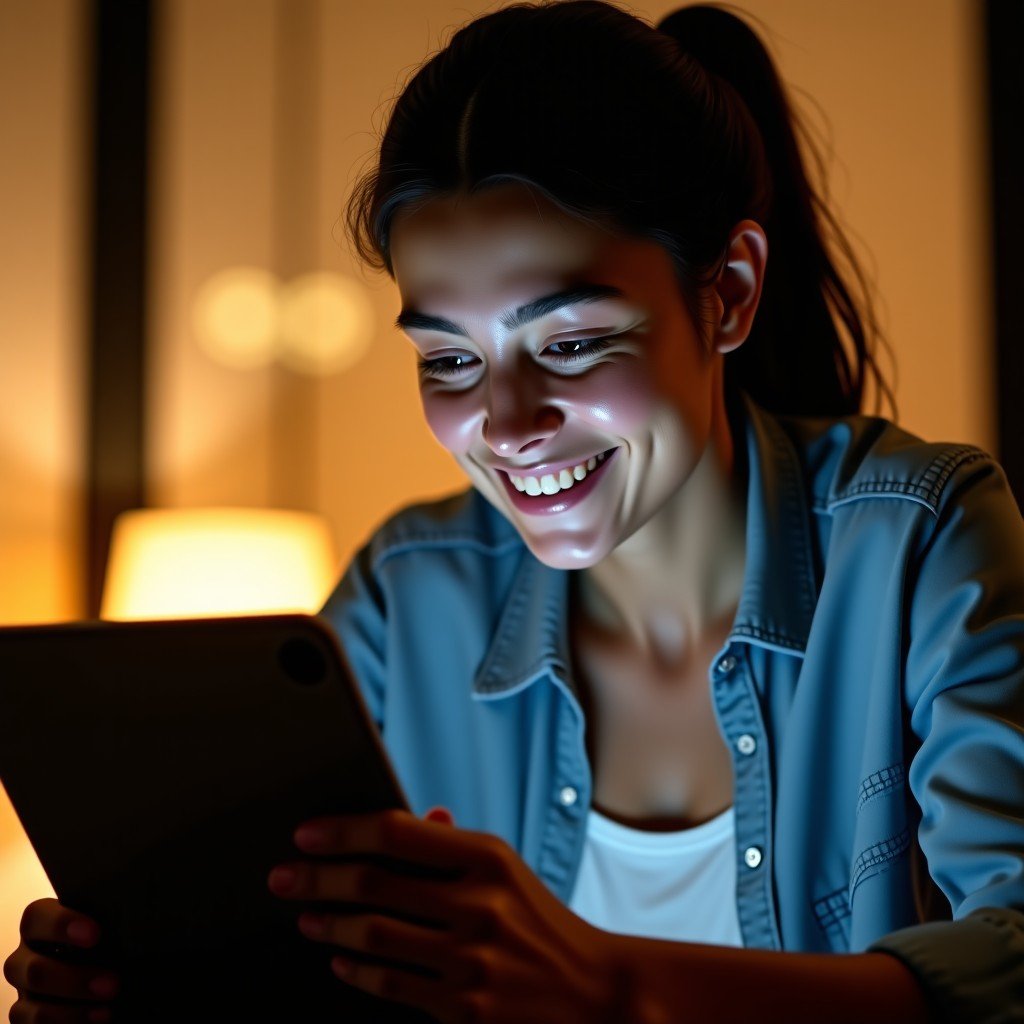A close-up of a person nodding with a subtle smile while looking at a tablet screen, conveying a sense of security and trust, warm indoor lighting, 4:3