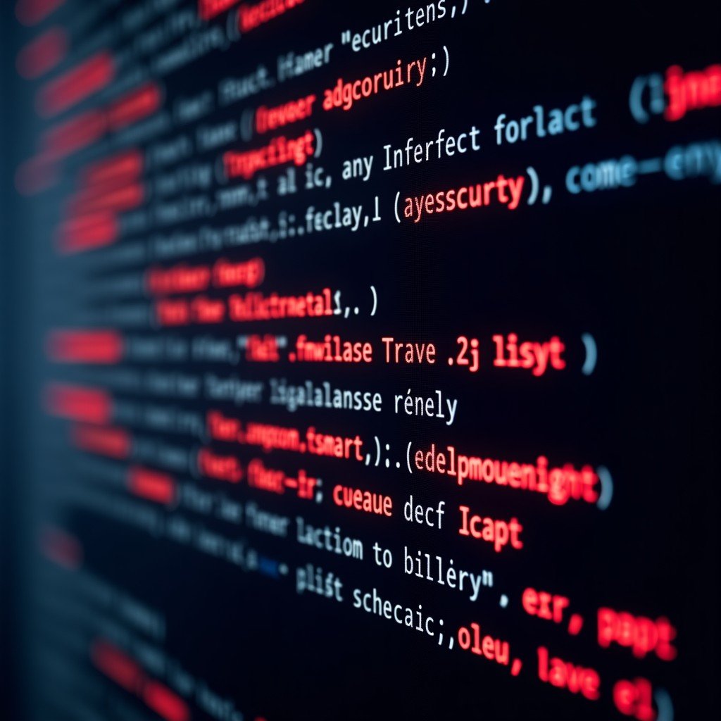 Digital code visualization on a dark screen with some lines highlighted in glowing red to represent a security vulnerability, abstract tech background, high contrast, 1:1
