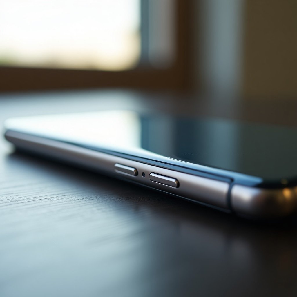 Close-up side view of a slim foldable smartphone showing unique volume button placement on the top right edge, minimalist design, premium metallic finish, natural lighting, 4:3