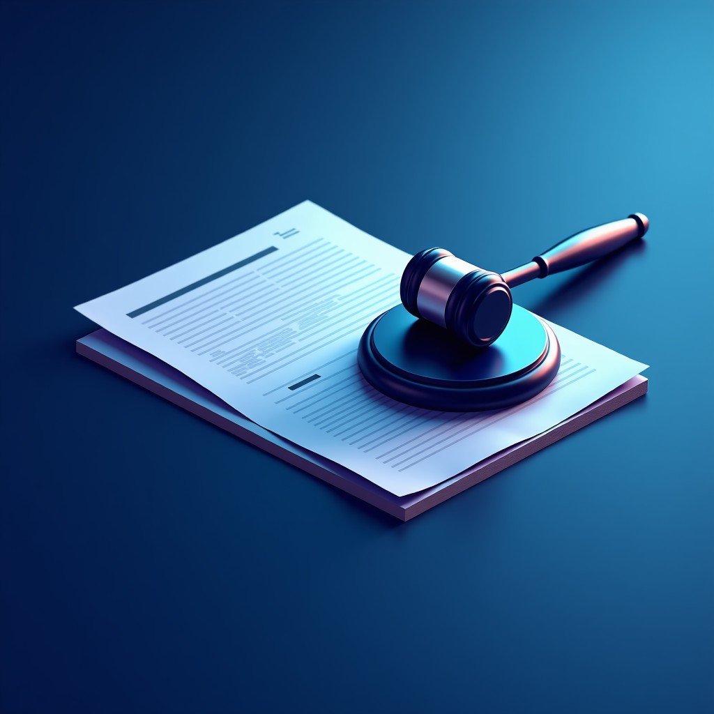 Abstract representation of legal documents and a gavel with a modern tech aesthetic, blue and silver tones, clean layout, conceptual art, 4:3