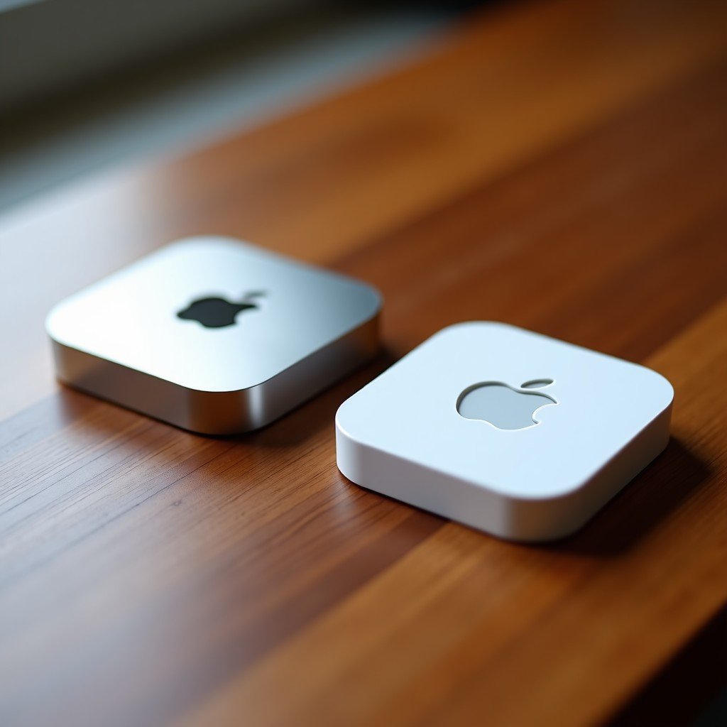 Two Apple AirTags lying on a sleek wooden desk, one showing the shiny silver back and the other showing the white front, high quality lifestyle photography, soft natural lighting, 4:3