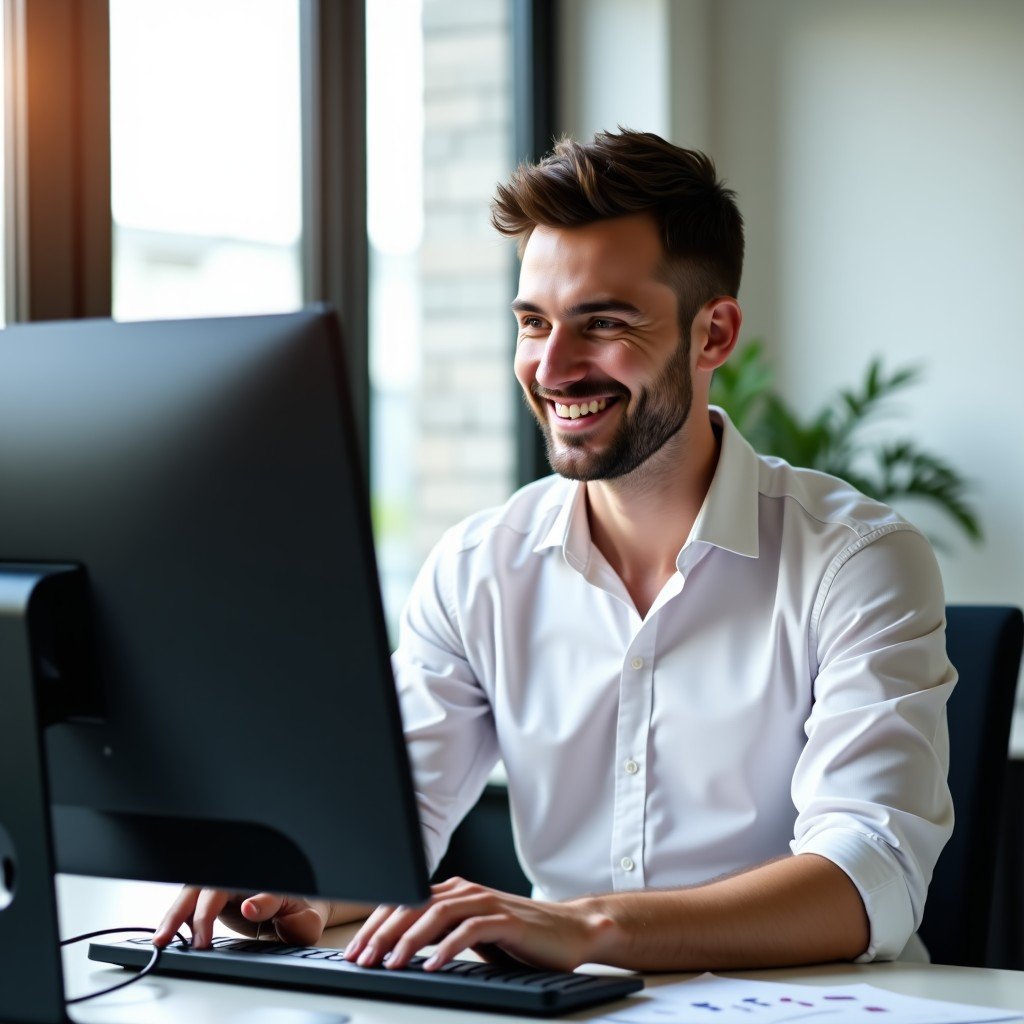 A professional office worker sitting in a bright and airy workspace, looking at a computer screen with a satisfied expression, celebrating a completed task, modern office decor, natural lighting, 4:3