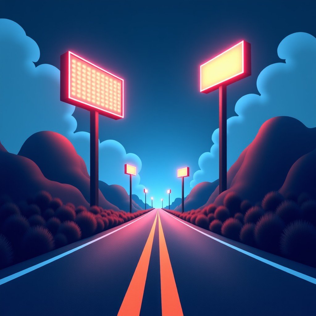 A conceptual illustration of two paths diverging, one with glowing digital signs and one with a clear open road, representing different business strategies, cinematic lighting, 4:3