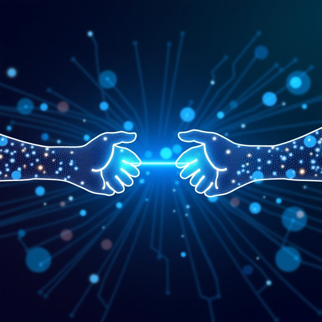 Abstract illustration of digital data synchronization between two different software systems, glowing light paths connecting icons, tech-themed background, 1:1