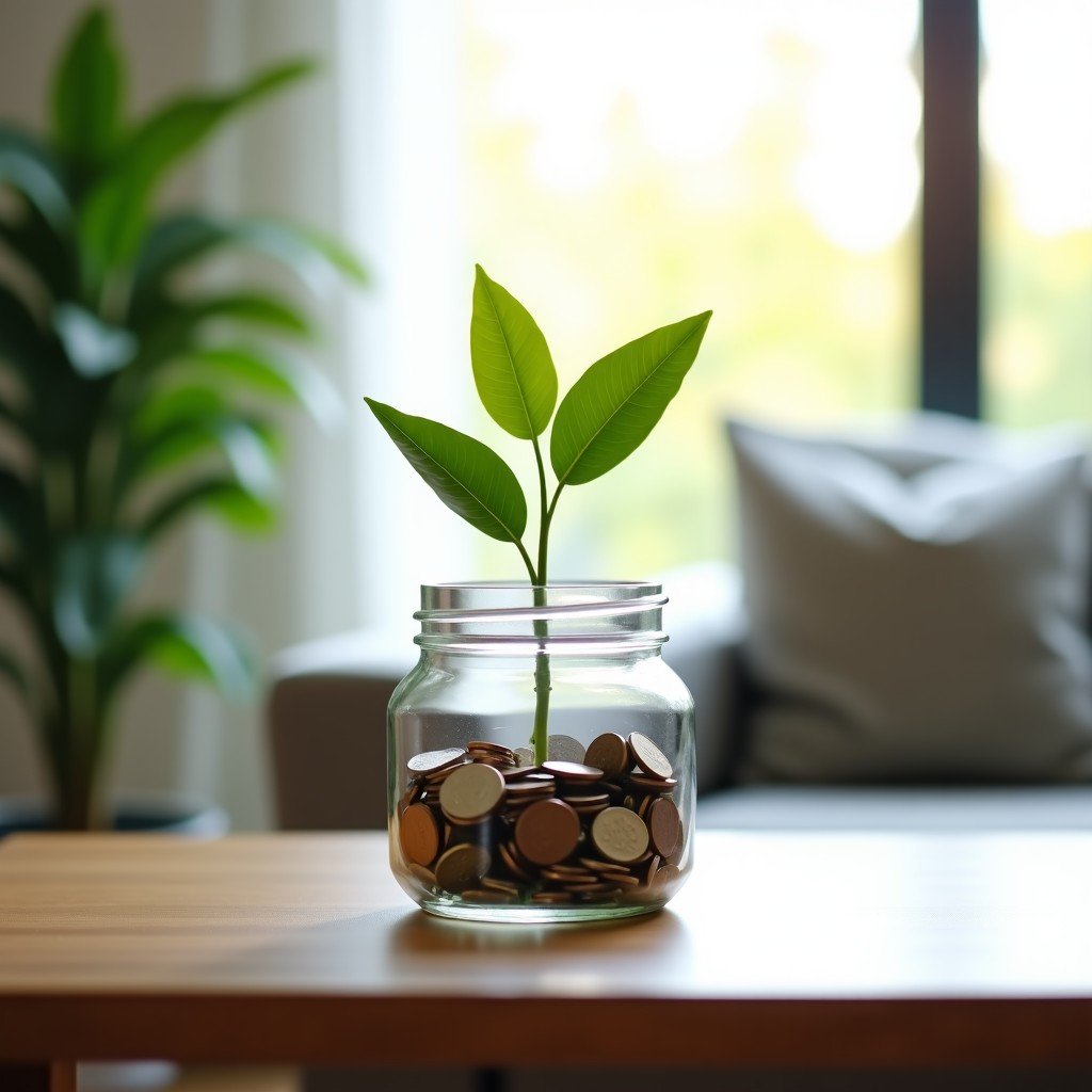 A conceptual image of financial freedom and peace of mind. A clean glass jar filled with some coins and a green leaf growing out of it, placed on a wooden table with a soft blurred background of a living room. Symbolic of a successful tax refund and growth. 4:3