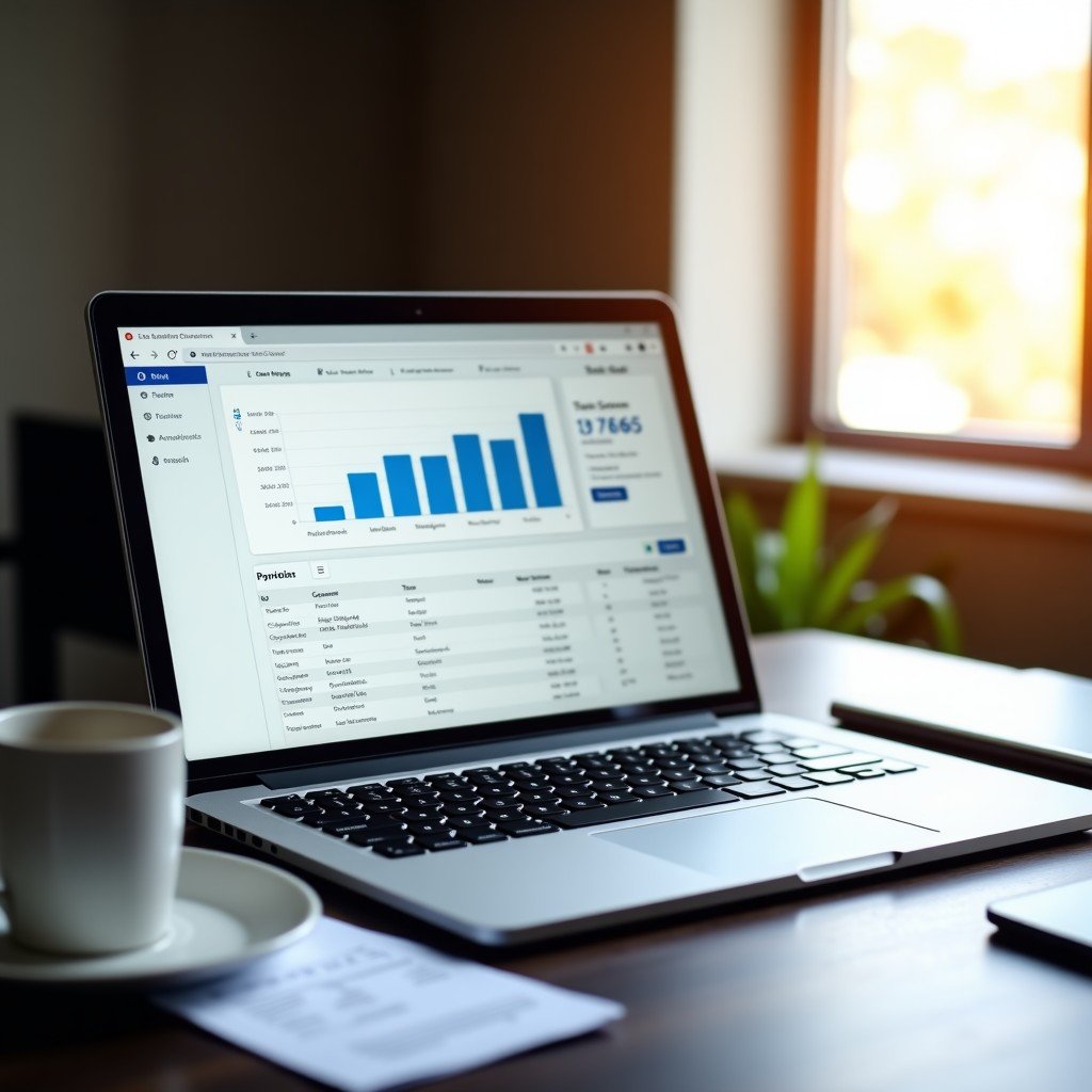 A modern home office desk with a sleek laptop displaying a clean tax software interface with charts and forms. Next to the laptop is a cup of coffee and some neatly organized financial documents. The lighting is warm and natural from a nearby window. High quality photography style. 4:3