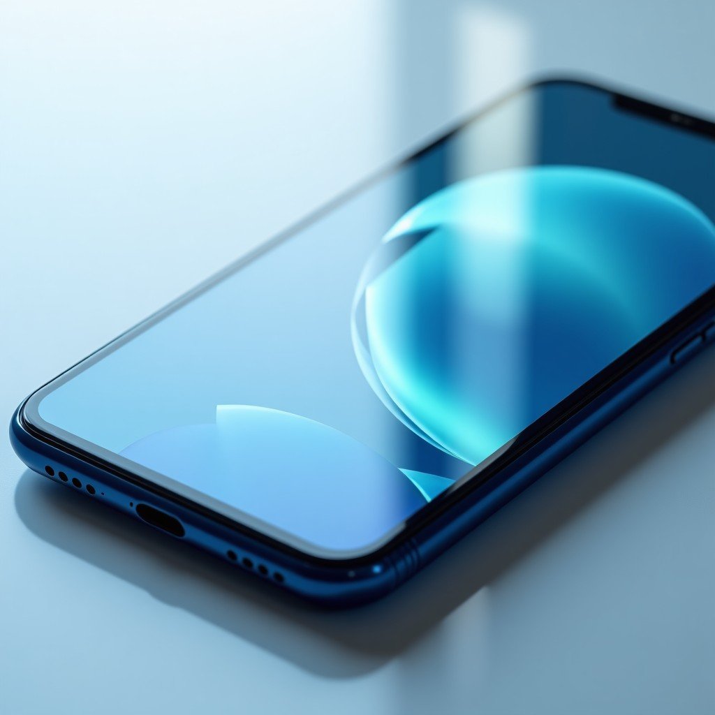 Close up of a smartphone screen showing glass textures and soft translucent UI elements, modern aesthetic, natural daylight, high resolution, no text, 4:3