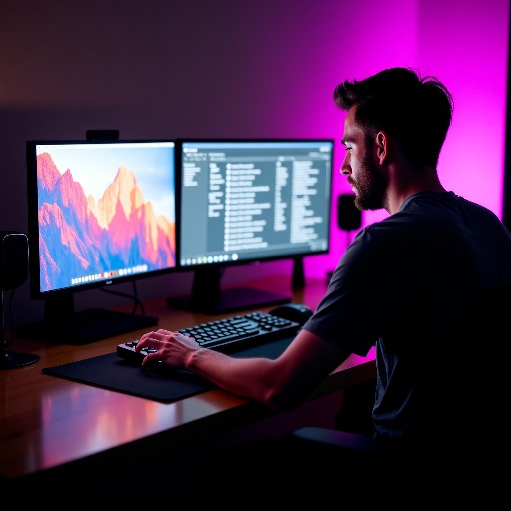 A professional using a powerful desktop computer setup with dual monitors and creative tools in a high-tech studio environment. 1:1