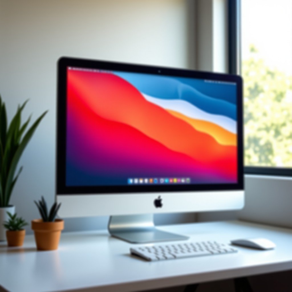 A sleek and modern desk setup featuring the rumored Apple Studio Display 2 with ultra-thin bezels. The screen shows a vibrant professional photo editing software. Minimalist aesthetic with natural lighting from a window. High-quality lifestyle photography style. 4:3