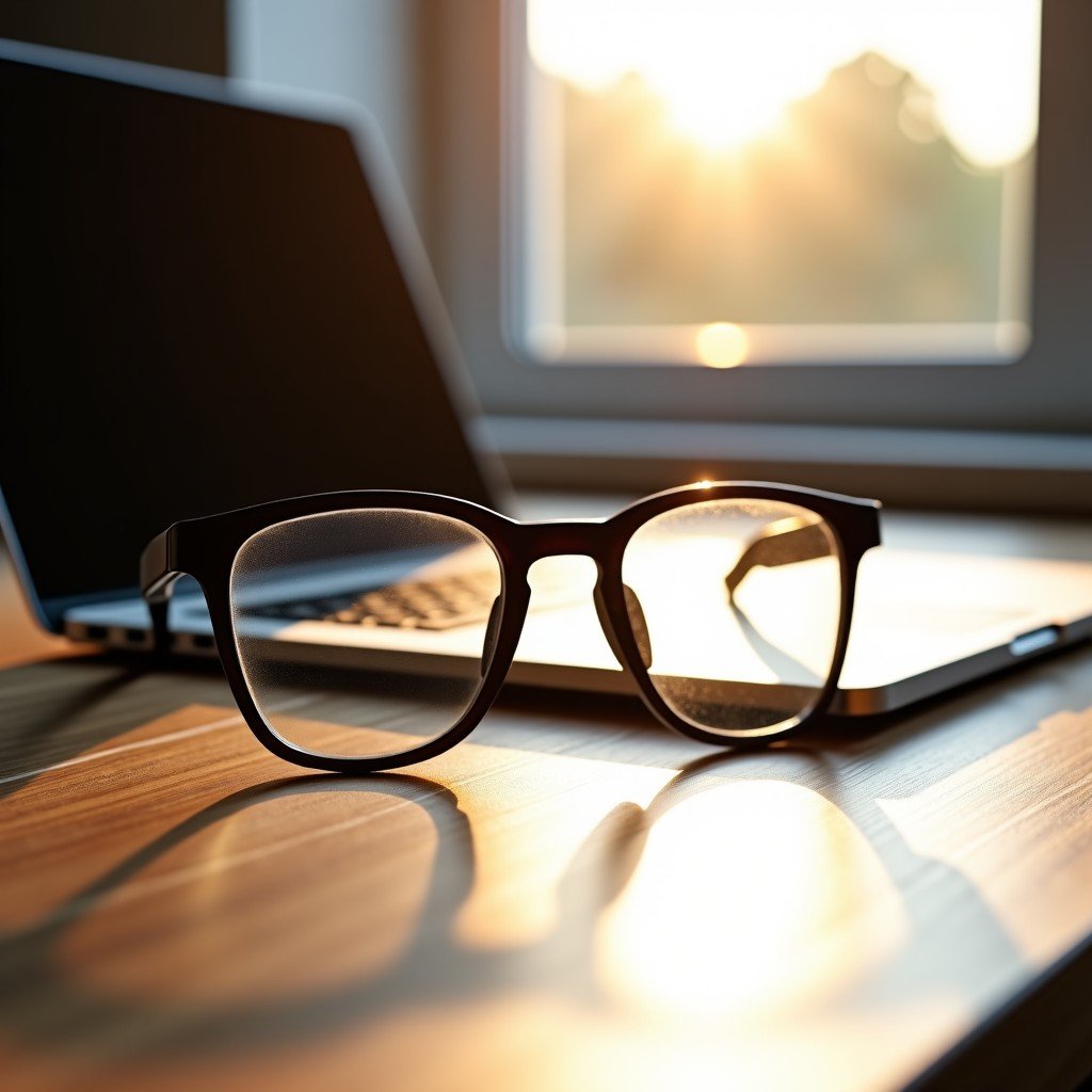 A pair of modern, stylish smart glasses resting on a wooden desk next to a notebook. The glasses look like high-end fashion eyewear with thin frames. Soft morning sunlight filters through a window, creating a warm atmosphere. No text, high resolution, 4:3.